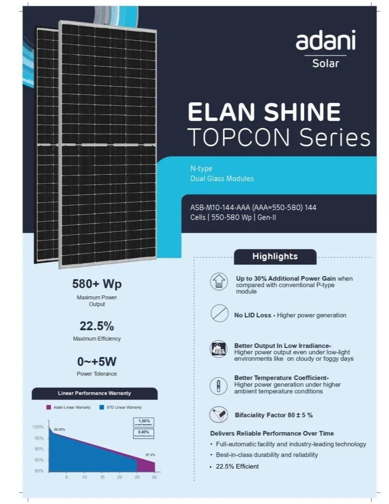 High-efficiency N-type bifacial solar panels from the Adani Solar ELAN SHINE TOPCON Series are available for PM Surya Ghar subsidies in Tamil Nadu.