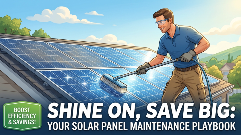 An illustration of a man cleaning rooftop solar panels with a brush and hose, maximizing efficiency to save big on energy bills.