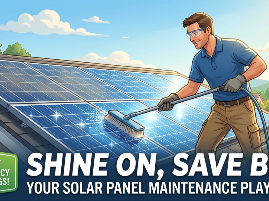 An illustration of a man cleaning rooftop solar panels with a brush and hose, maximizing efficiency to save big on energy bills.
