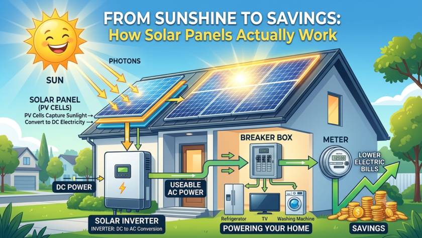 Step-by-step infographic titled "From Sunshine to Savings: How Solar Panels Actually Work," illustrating sunlight hitting rooftop solar panels, DC power feeding into a solar inverter to become AC power, flowing into a home's breaker box to run appliances, and leading to lower electricity bills.