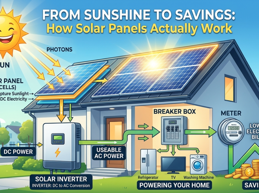 Step-by-step infographic titled "From Sunshine to Savings: How Solar Panels Actually Work," illustrating sunlight hitting rooftop solar panels, DC power feeding into a solar inverter to become AC power, flowing into a home's breaker box to run appliances, and leading to lower electricity bills.