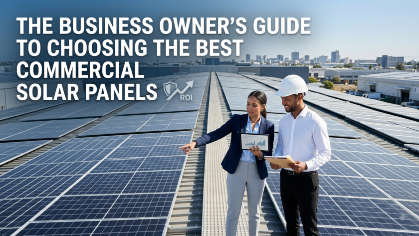 Business owner and engineer inspecting a commercial rooftop solar panel installation with data tablet