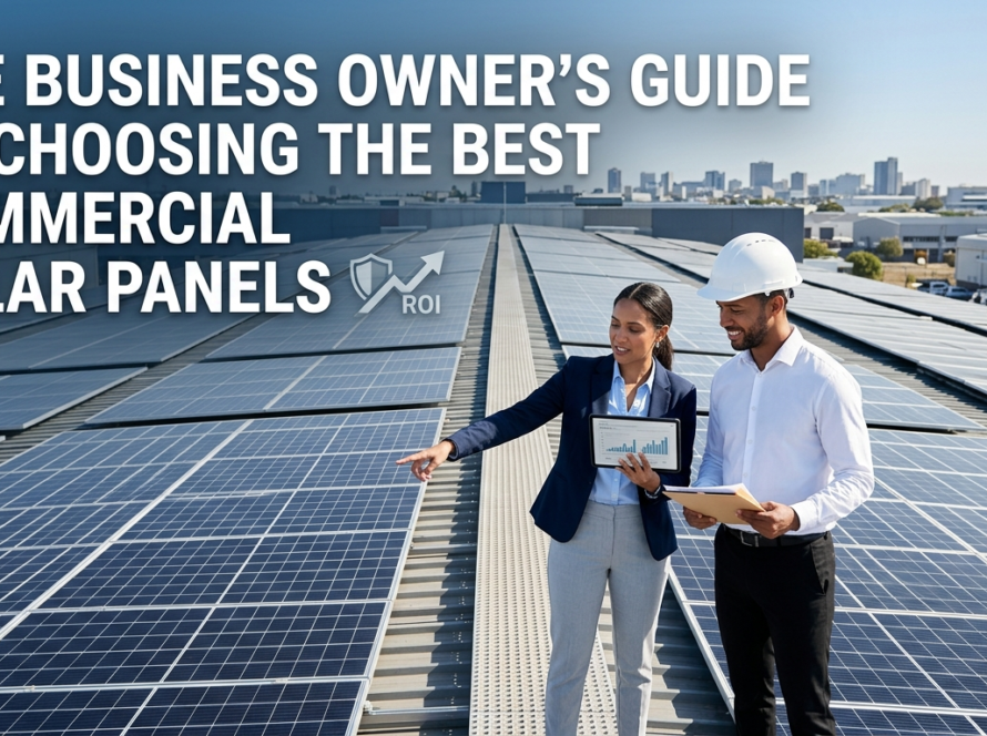Business owner and engineer inspecting a commercial rooftop solar panel installation with data tablet