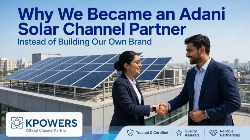 Kpowers team as Adani Solar channel partner shaking hands in front of Adani solar panels installation on rooftop - Why we chose Adani over own brand