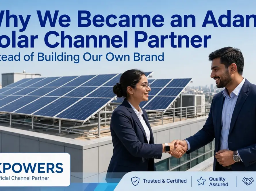 Kpowers team as Adani Solar channel partner shaking hands in front of Adani solar panels installation on rooftop - Why we chose Adani over own brand